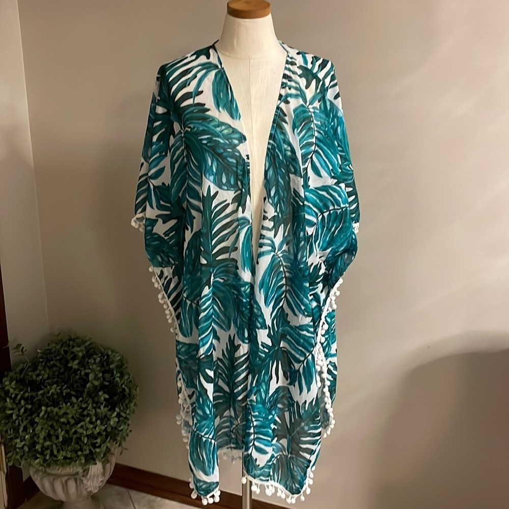 Tropical leaf / Pom Pom beach coverup ONE SIZE loose sleeves open front O/S